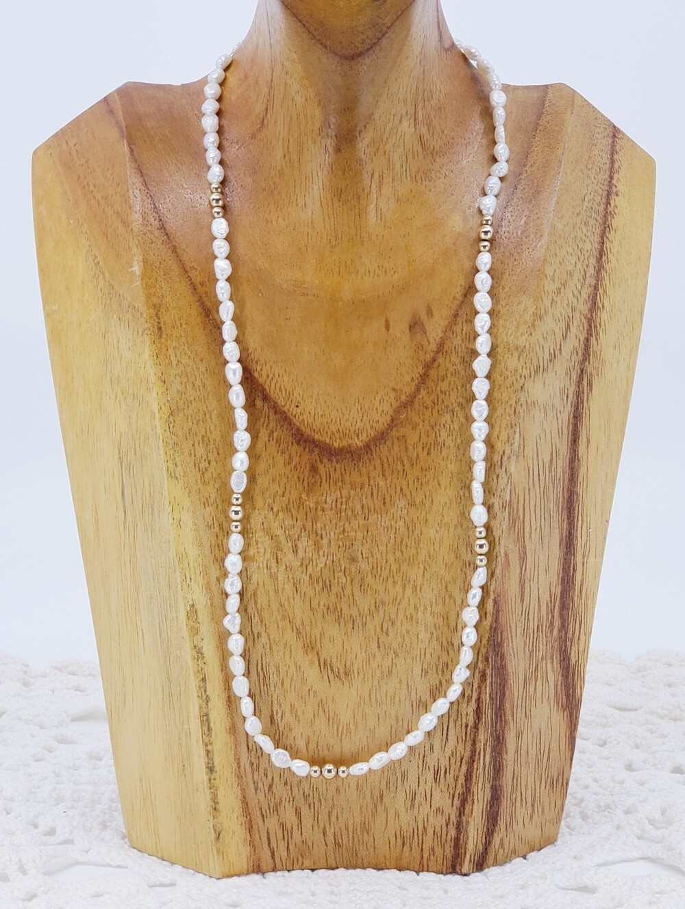 14K Vintage Freshwater Rice Pearl Necklace with Gold Accents A2027 8.25"